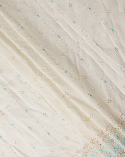 White Turquoise Stripe Floral Border Voile 140cm