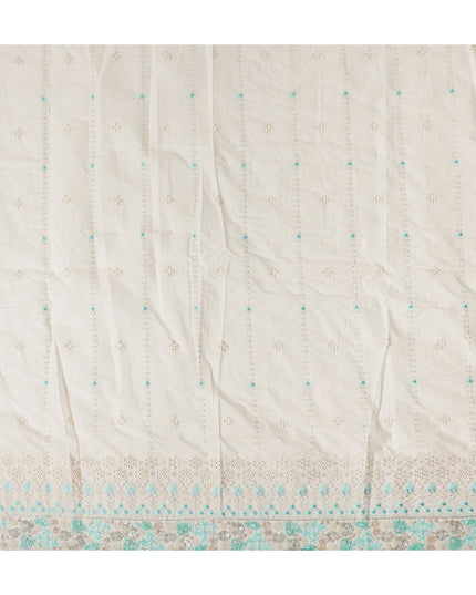 White Turquoise Stripe Floral Border Voile 140cm