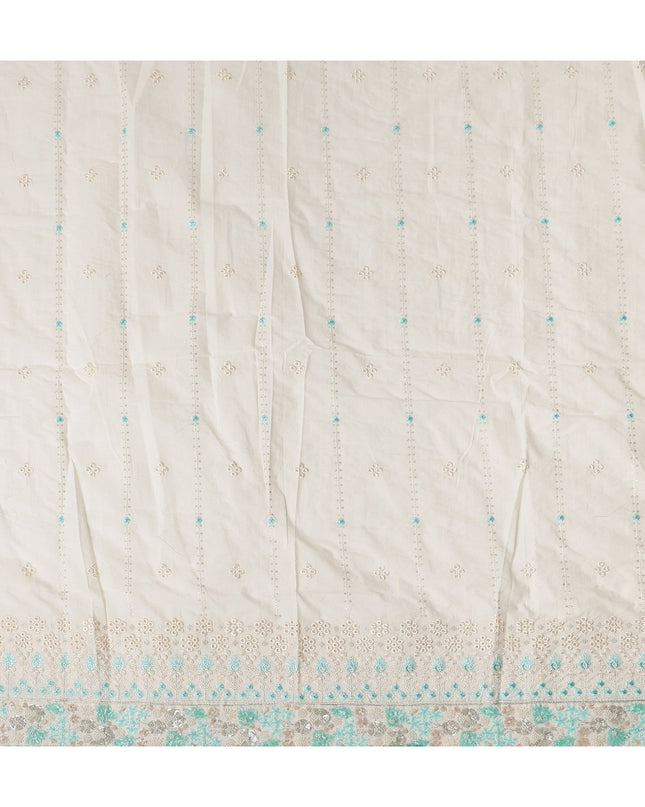 White Turquoise Stripe Floral Border Voile 140cm