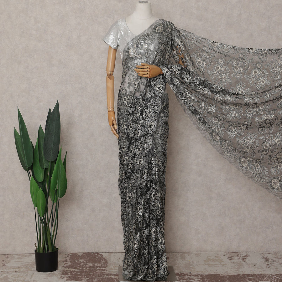 Sage Olive Green Paisley French Chantilly Lace Saree