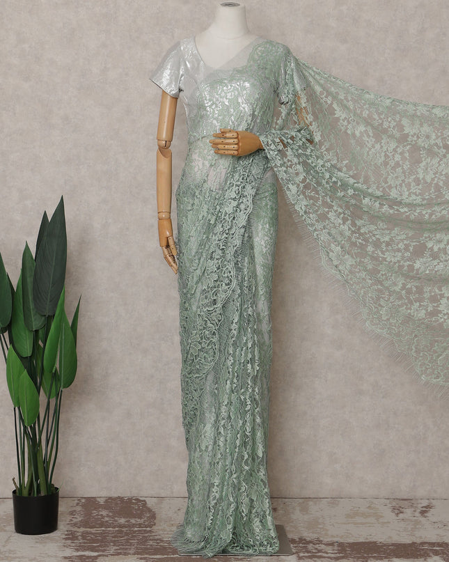 Mint Green Floral French Chantilly Lace Saree