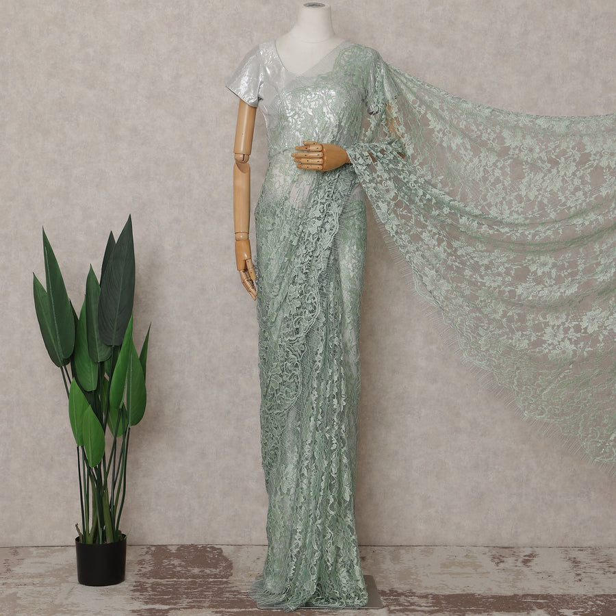 Mint Green Floral French Chantilly Lace Saree