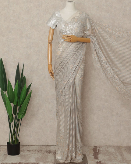 Beige French Metallic Chantilly Lace Saree