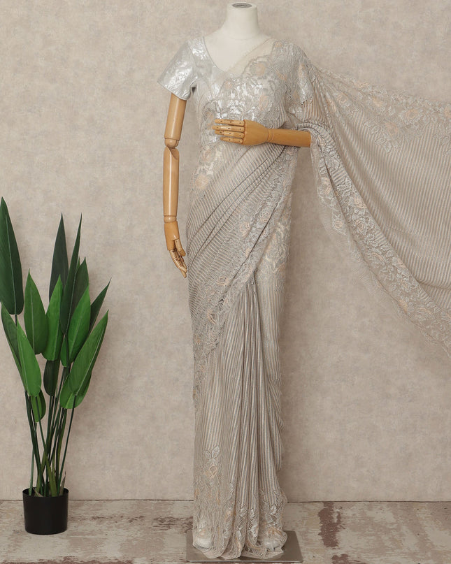 Beige French Metallic Chantilly Lace Saree