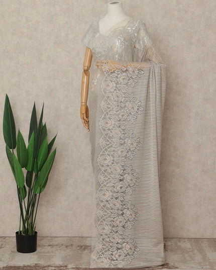Beige French Metallic Chantilly Lace Saree