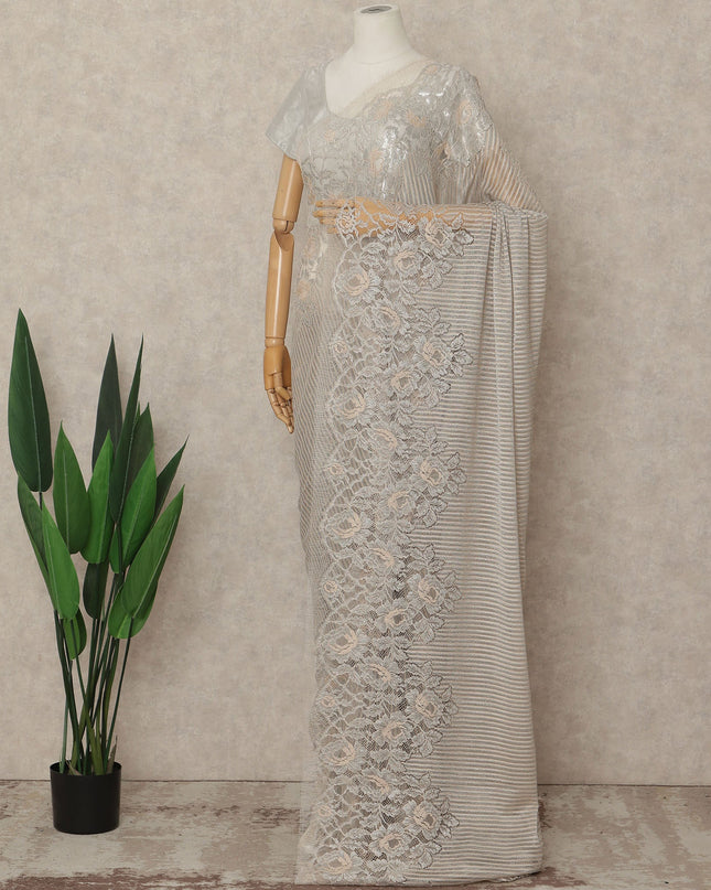 Beige French Metallic Chantilly Lace Saree