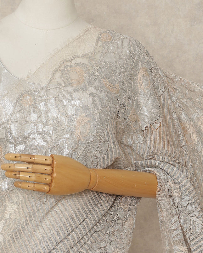 Beige French Metallic Chantilly Lace Saree