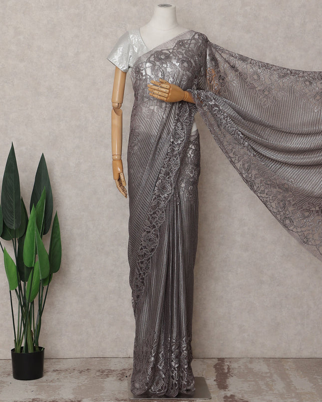 Gunmetal Grey Chantilly Lace Saree - D31689
