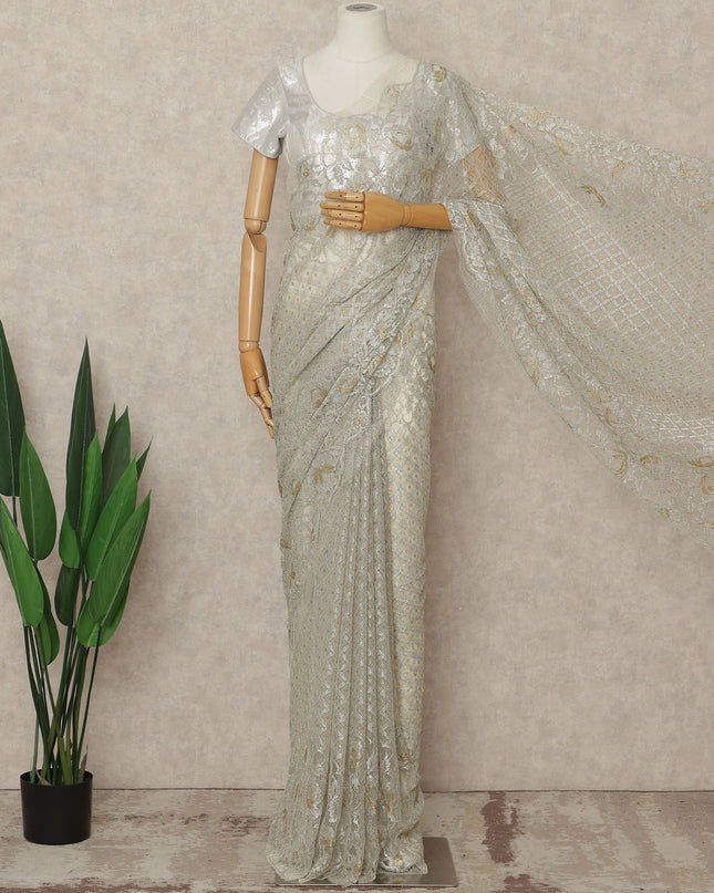 Green French Metallic Chantilly Lace Saree