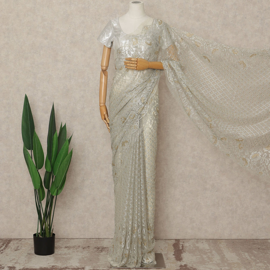 Green French Metallic Chantilly Lace Saree