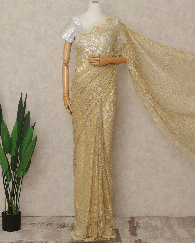Gold French Metallic Chantilly Lace Saree