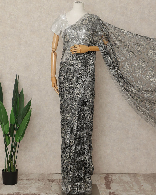 Black French Metallic Chantilly Lace Saree