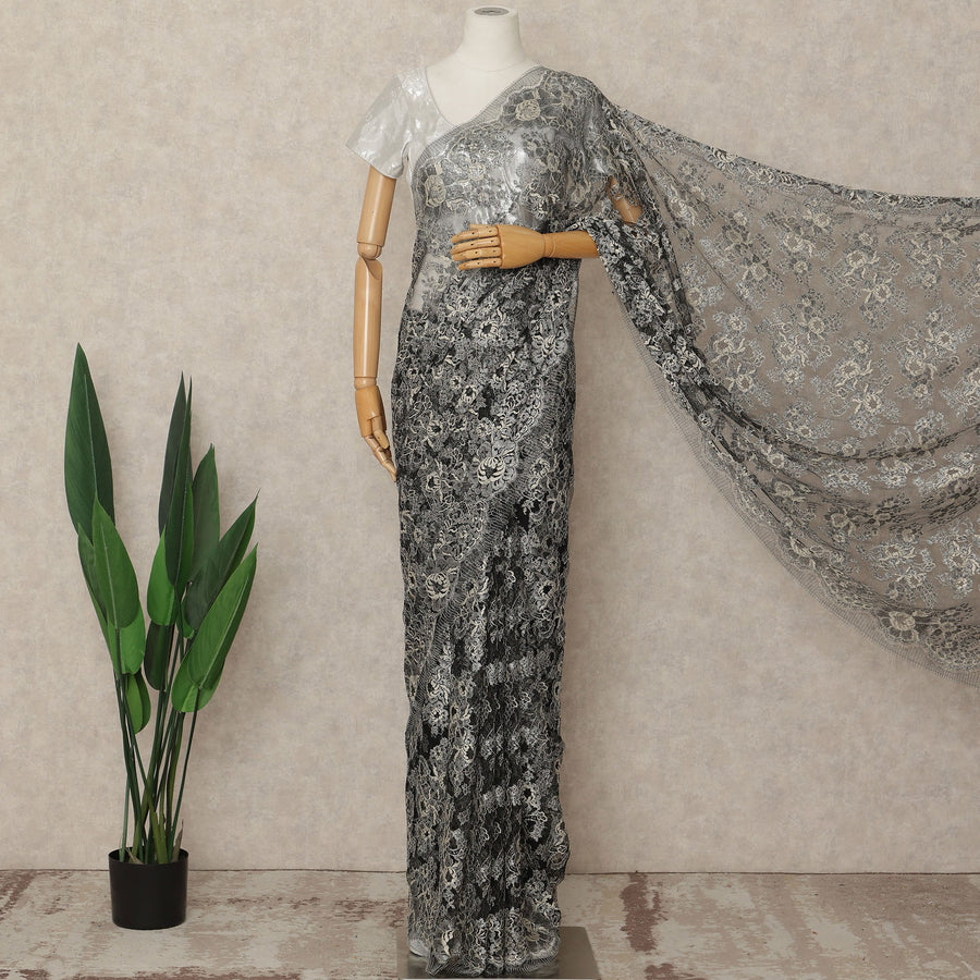 Black French Metallic Chantilly Lace Saree