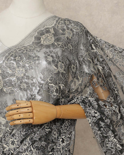 Black French Metallic Chantilly Lace Saree