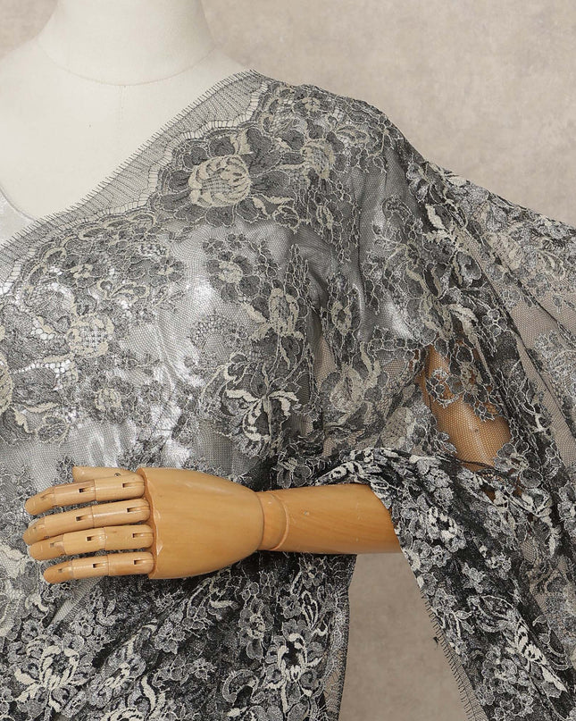 Black French Metallic Chantilly Lace Saree