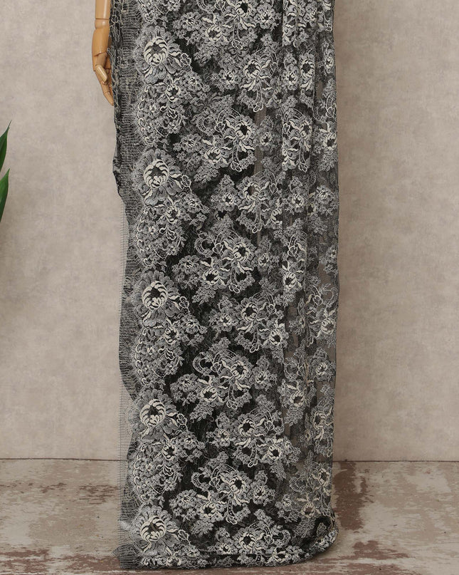 Black French Metallic Chantilly Lace Saree