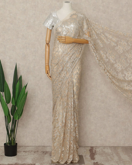 Beige French Metallic Chantilly Lace Saree