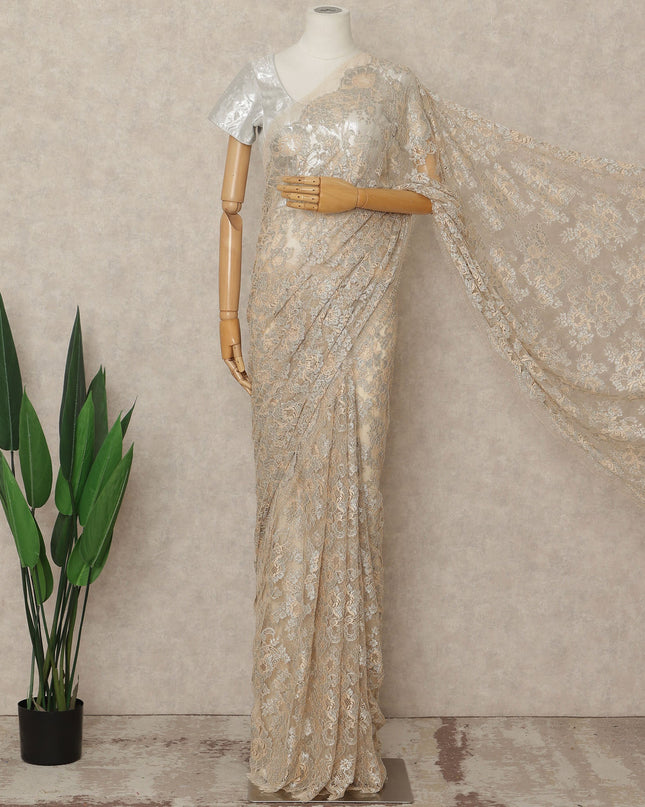 Beige French Metallic Chantilly Lace Saree