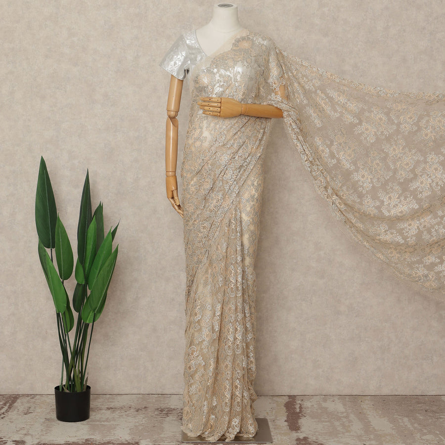 Beige French Metallic Chantilly Lace Saree