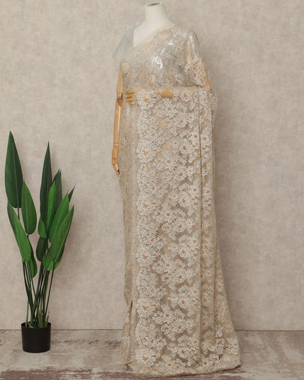 Beige French Metallic Chantilly Lace Saree