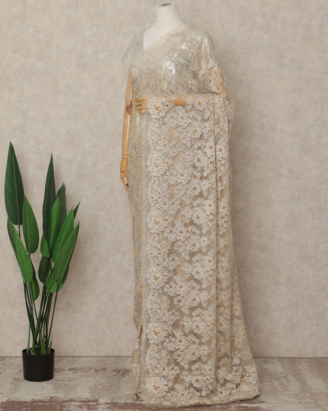 Beige French Metallic Chantilly Lace Saree