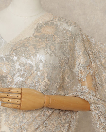 Beige French Metallic Chantilly Lace Saree