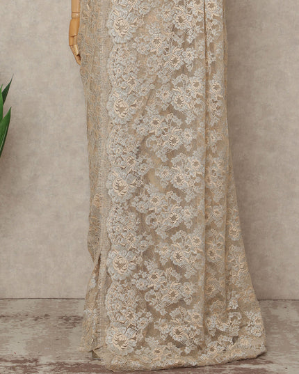 Beige French Metallic Chantilly Lace Saree