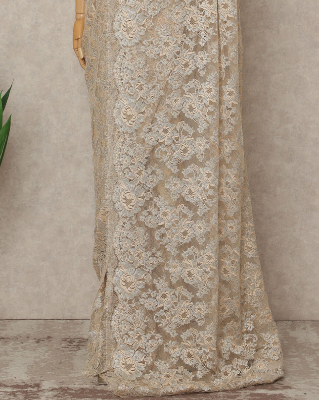 Beige French Metallic Chantilly Lace Saree