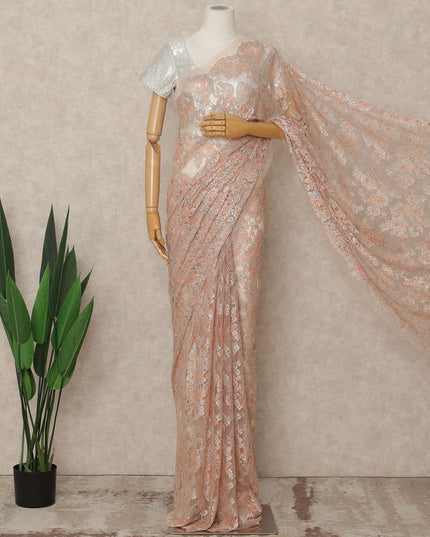 Peach French Metallic Chantilly Lace Saree