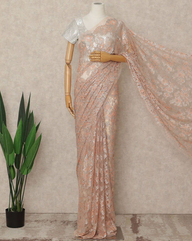 Peach French Metallic Chantilly Lace Saree