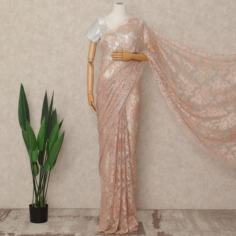 Peach French Metallic Chantilly Lace Saree