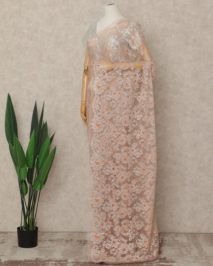 Peach French Metallic Chantilly Lace Saree