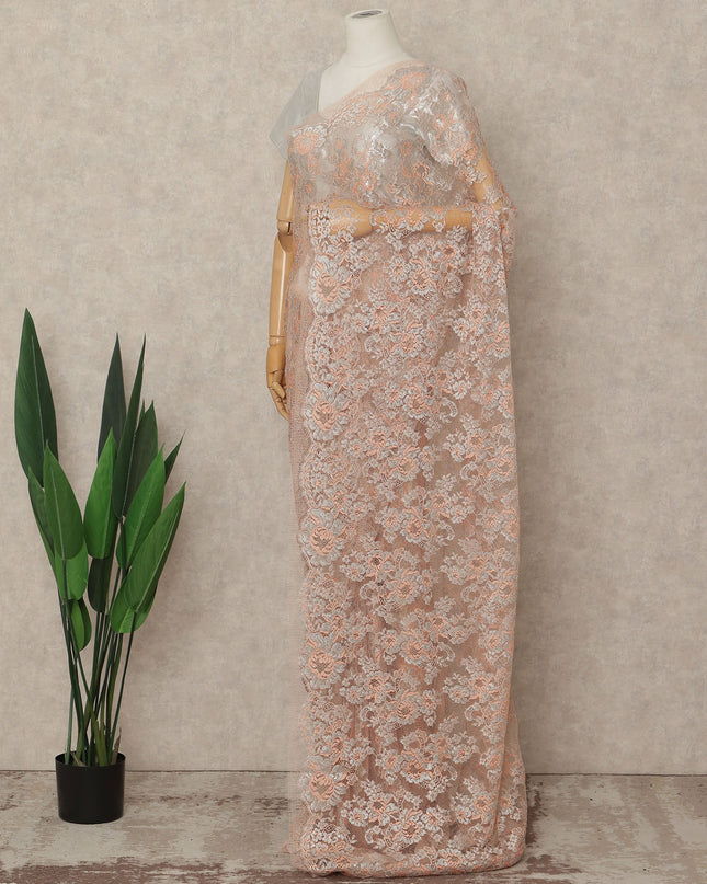 Peach French Metallic Chantilly Lace Saree