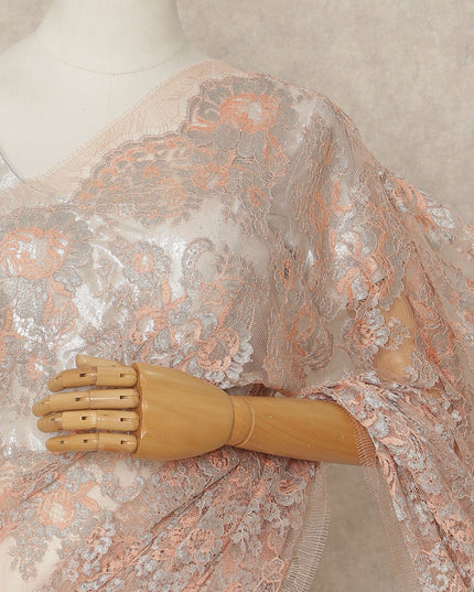 Peach French Metallic Chantilly Lace Saree