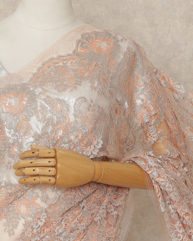 Peach French Metallic Chantilly Lace Saree
