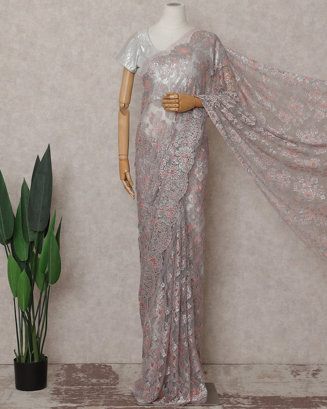 Silver Grey French Chantilly Lace Saree