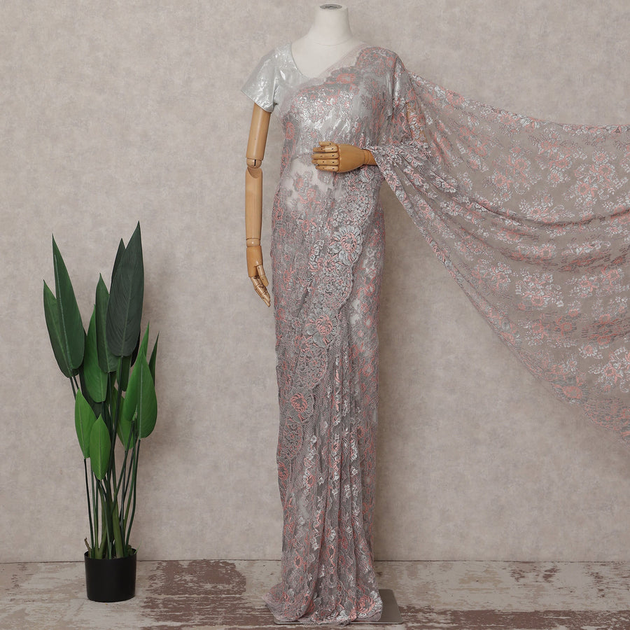 Silver Grey French Chantilly Lace Saree