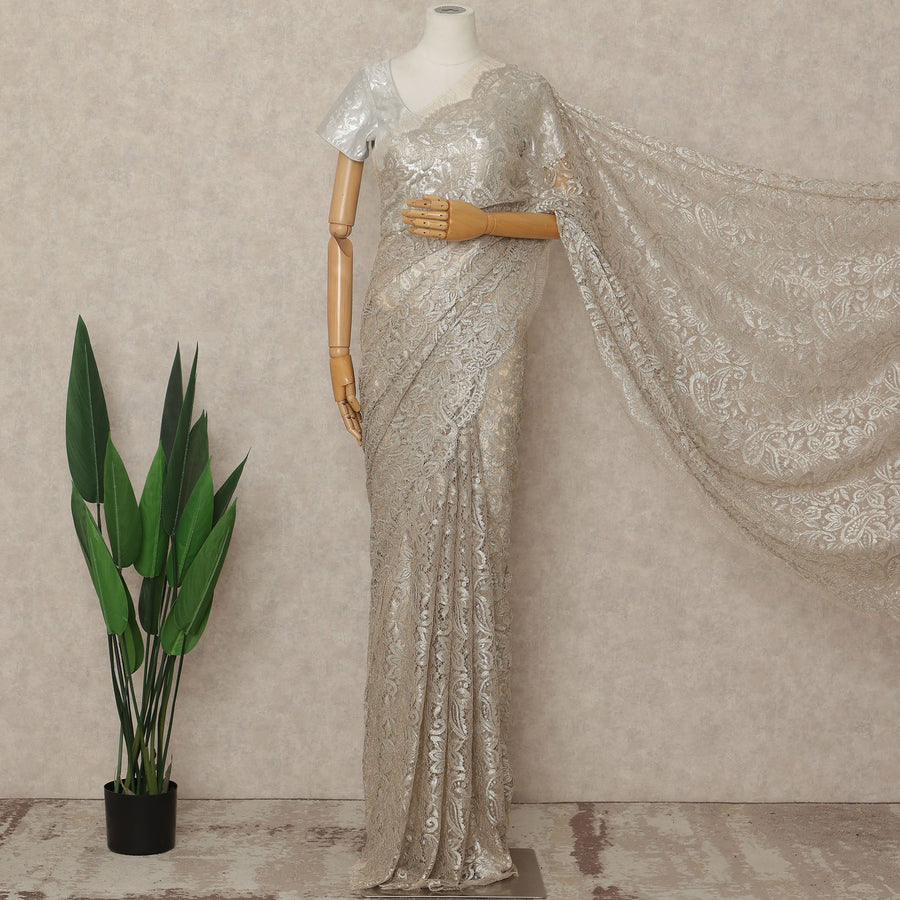 Silver French Metallic Chantilly Lace Saree