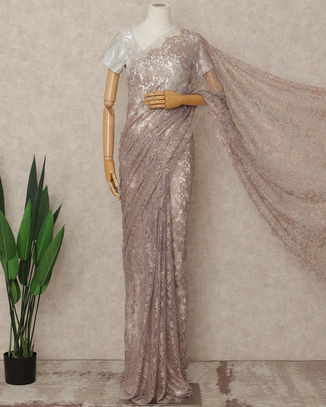 Beige French Metallic Chantilly Lace Saree