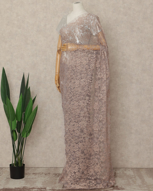 Beige French Metallic Chantilly Lace Saree