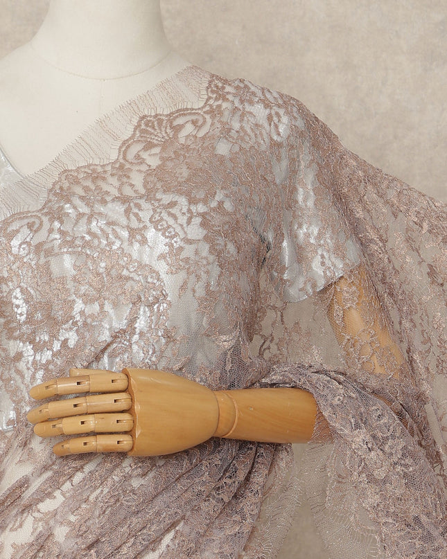 Beige French Metallic Chantilly Lace Saree