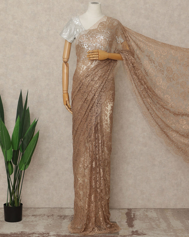 Brown French Metallic Chantilly Lace Saree