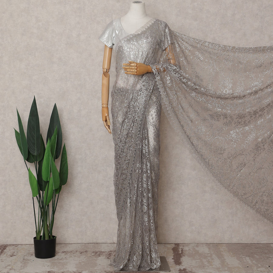Dove Grey Chantilly Lace Saree - D31677