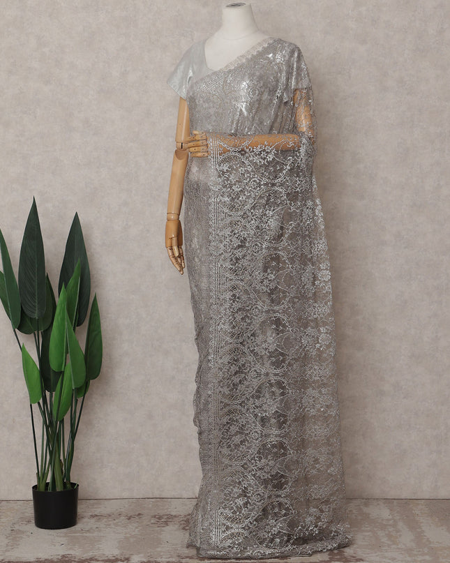 Dove Grey Chantilly Lace Saree - D31677
