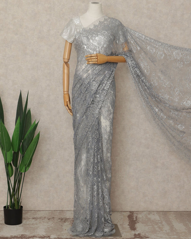 Silver French Metallic Chantilly Lace Saree