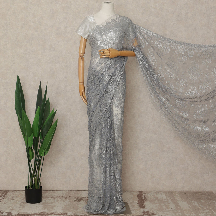 Silver French Metallic Chantilly Lace Saree