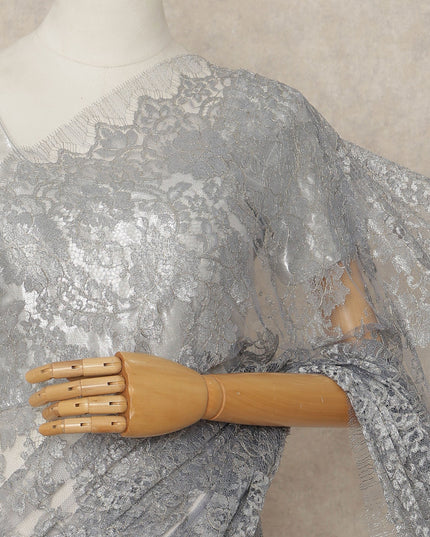 Silver French Metallic Chantilly Lace Saree