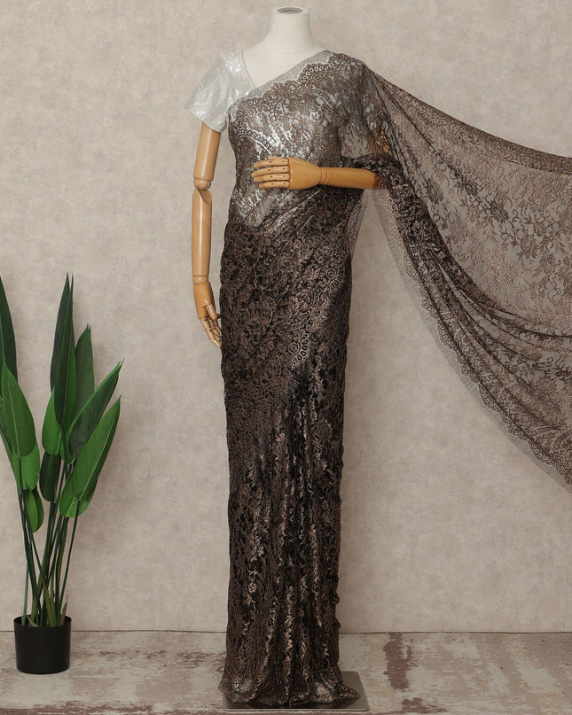 Brown French Metallic Chantilly Lace Saree