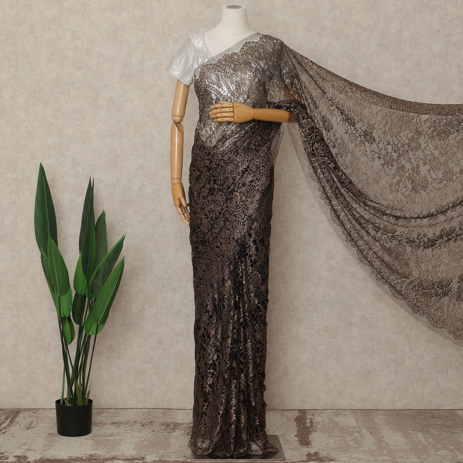 Brown French Metallic Chantilly Lace Saree