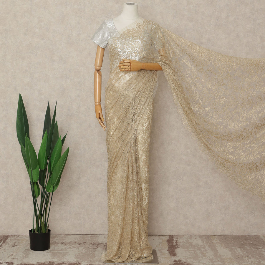 Gold French Metallic Chantilly Lace Saree